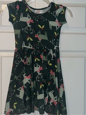 Girls Green Holiday Reindeer Dress with Red Accents